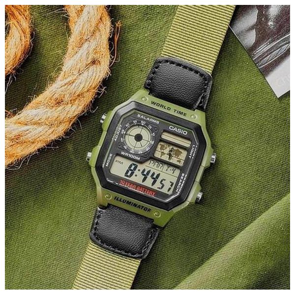  Casio Watch AE1200WHB3BVDF For Men - Digital Display, Tissue Band - Green 