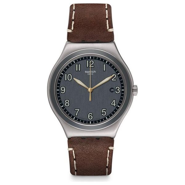  ساعة سواتج للرجال YWS445 - عرض بعقارب, سوار من الجلد - رمادي 